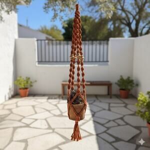 Vtg Macrame Plant Hanger Orange Nylon Boho Hippie Rustic Garden Patio Decor 45"L